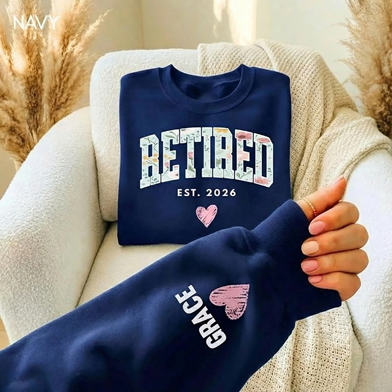 Personalized Name Floral Retired Teacher Sleeve Print Sweatshirt