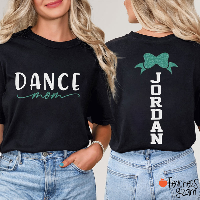 Personalized Name Glitter Bow Dance Teacher Two Sided T-Shirt