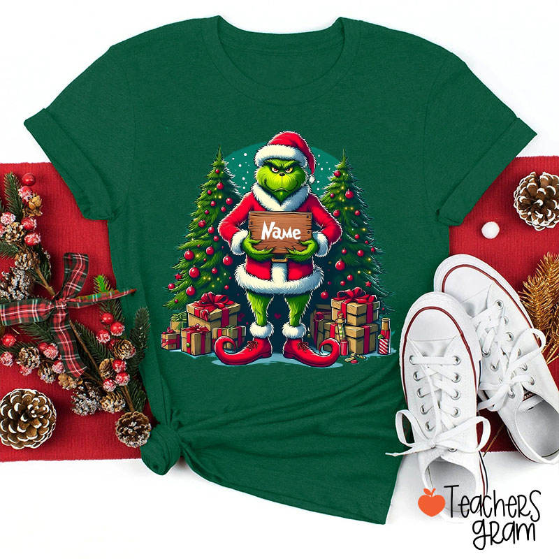 Personalized Name Green Monster Stealing Christmas Teacher T-Shirt