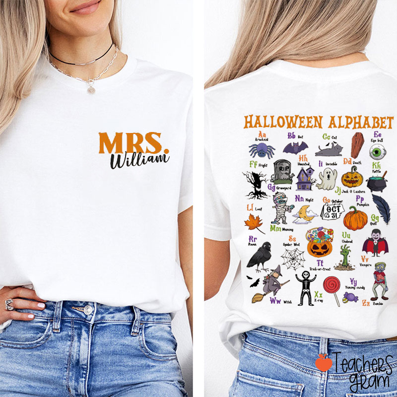 Personalized Name Halloween Alphabet Teacher Two Sided T-Shirt