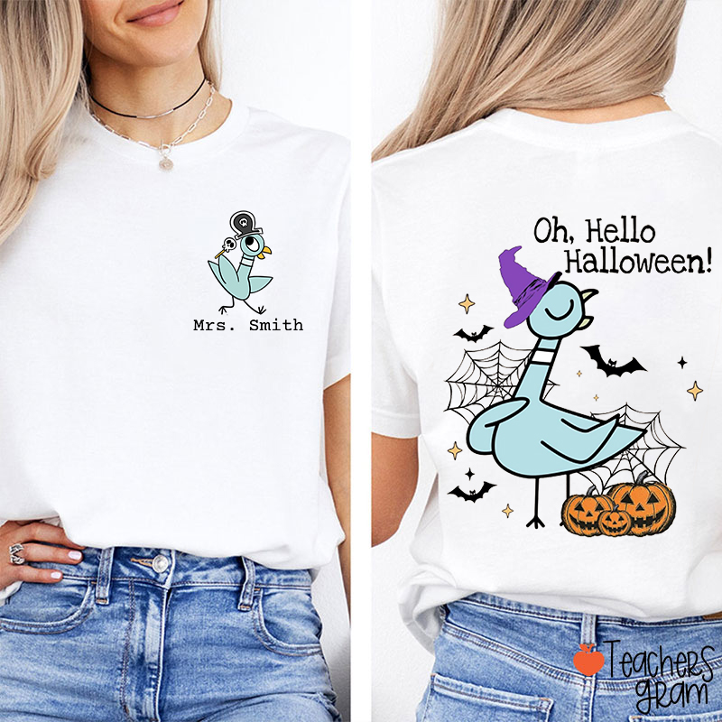 Personalized Name Hello Halloween Teacher Two Sided T-Shirt