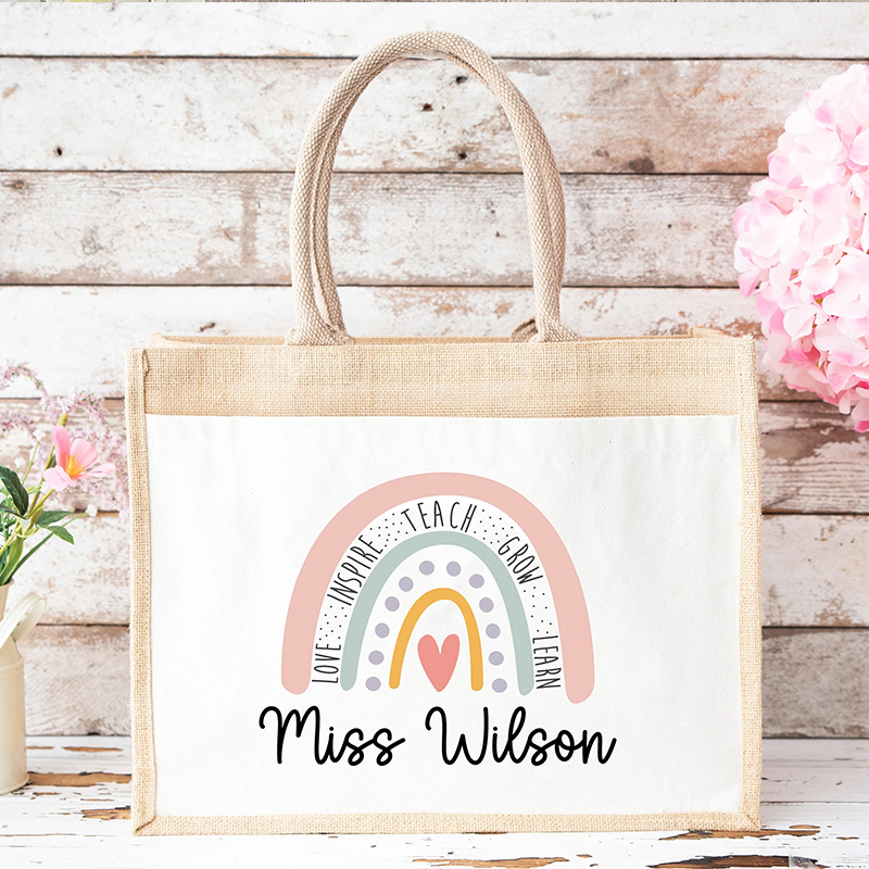 Personalized Name Love Inspire Teach Grow Learn Teacher Jute Bag