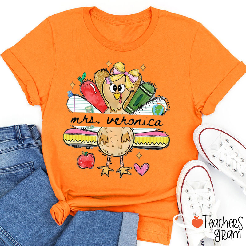 Personalized Name Pencil Turkey Teacher T-Shirt
