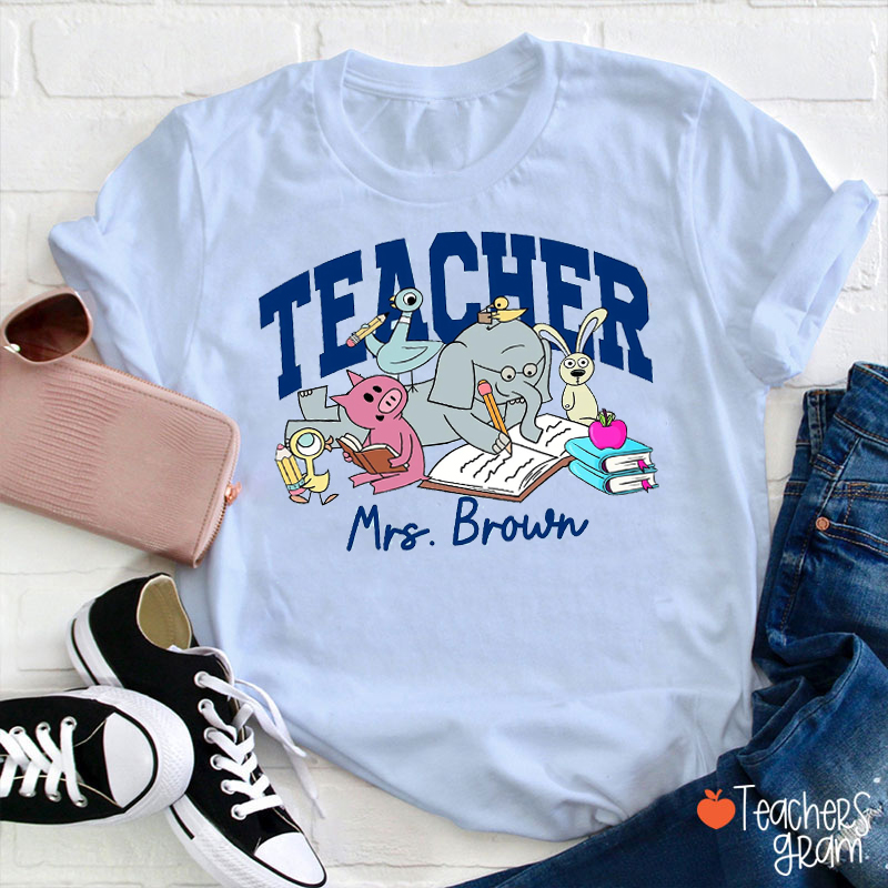Personalized Name Teacher Animal Book Apple Teacher T-Shirt