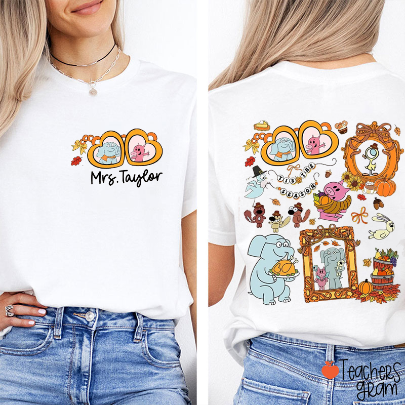 Personalized Name Tis The Season Cartoon Character Teacher Two Sided T-Shirt