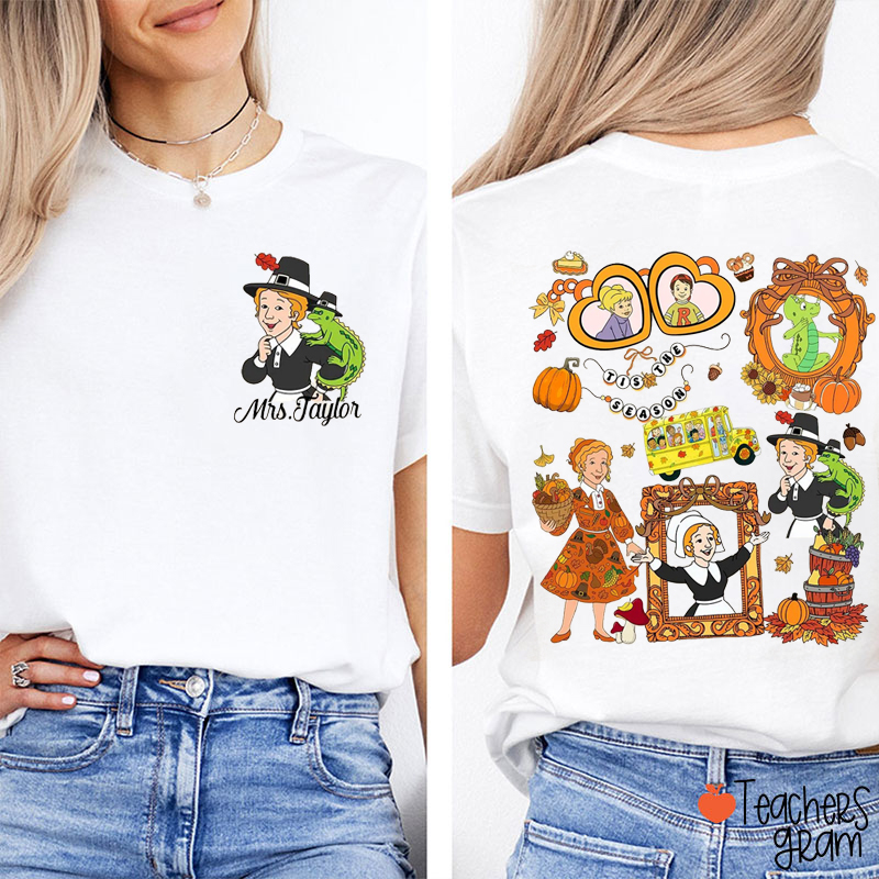 Personalized Name Tis The Season Cartoon Character Teacher Two Sided T-Shirt