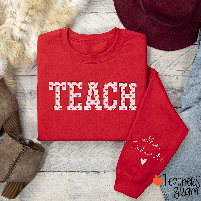 Personalized Name Valentine's Day Heart Teacher Sleeve Print Sweatshirt