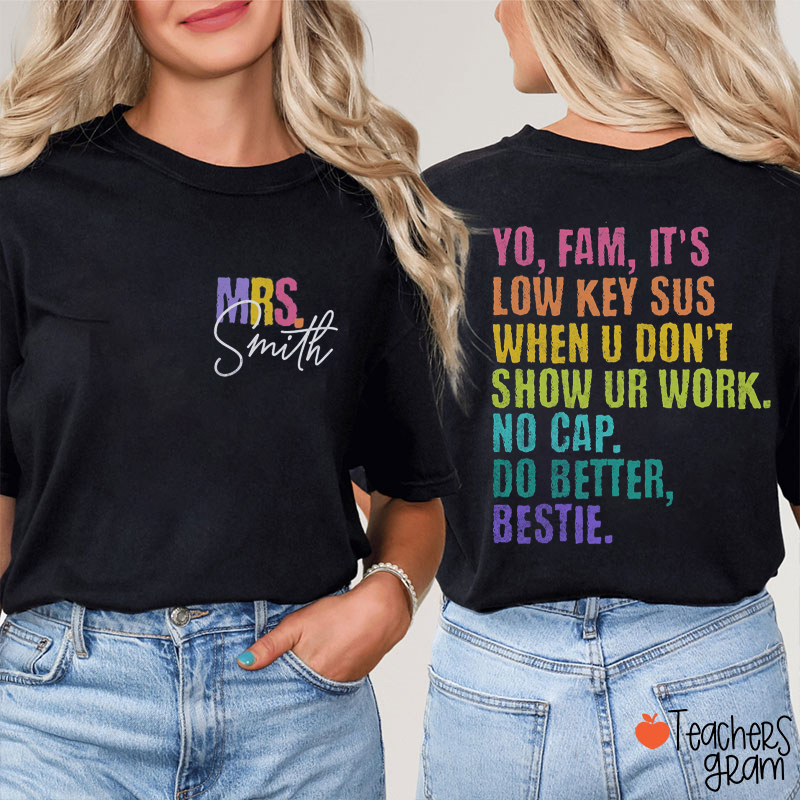 Personalized Name Yo Fam It's Low Key Sus Teacher Two Sided T-Shirt