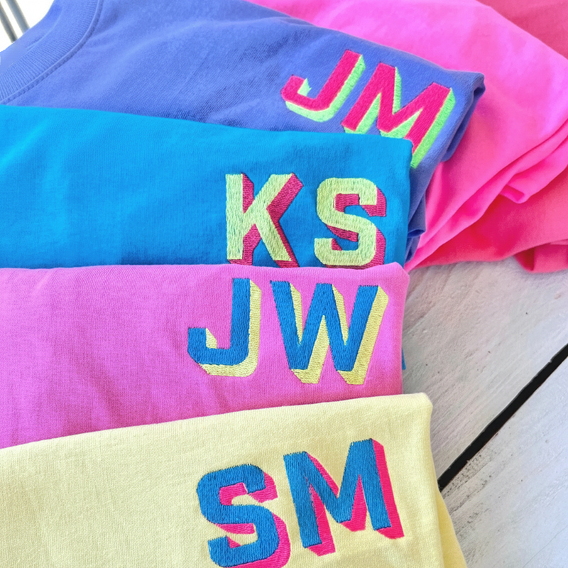 Personalized Neon Embroidered Monogram Teacher T-Shirt