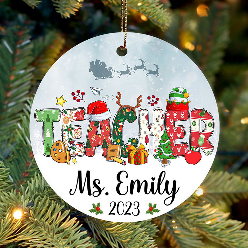 Personalized Santa Claus Is Coming Teacher Ceramic Christmas Ornament