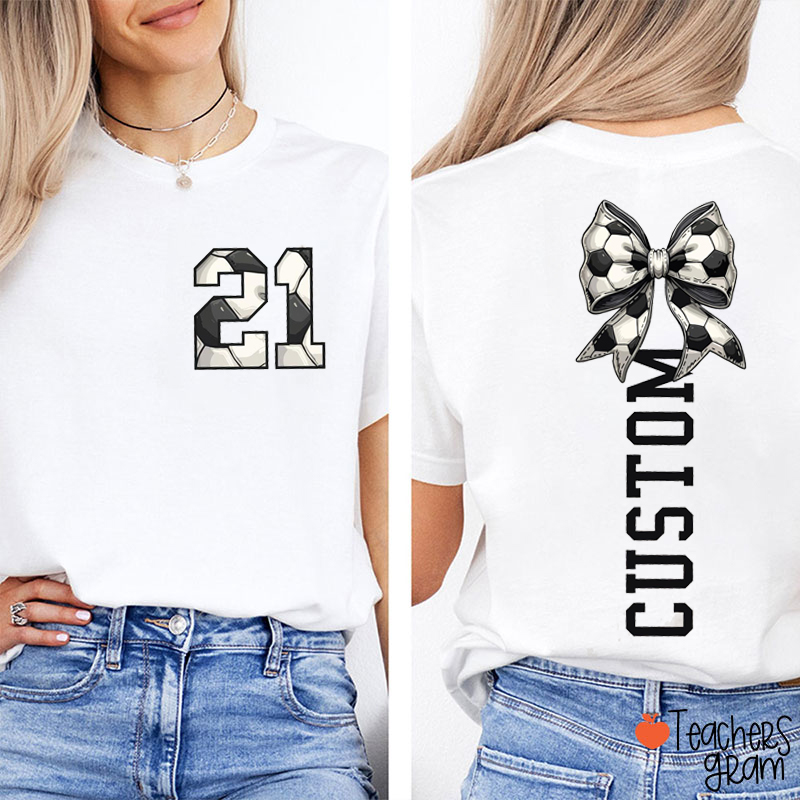 Personalized Sport And Number Bow Game Day Teacher Two Sided T-Shirt
