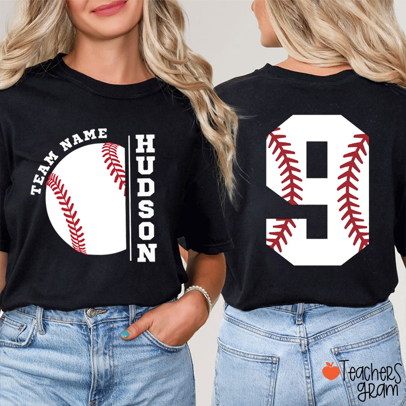 Personalized Team Name And Sport Ball Pattern Numbers Teacher Two Sided T-Shirt