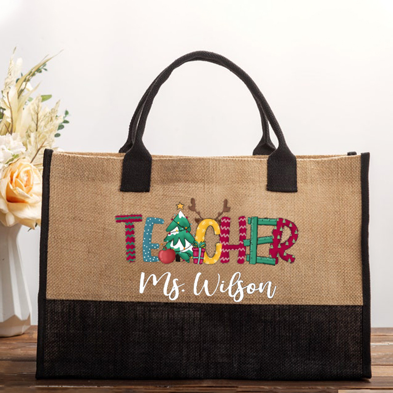 Personalized Name Merry Christmas Teacher Cotton Tote Bag