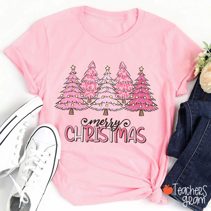 Pink Christmas Tree Merry Christmas Teacher T-Shirt