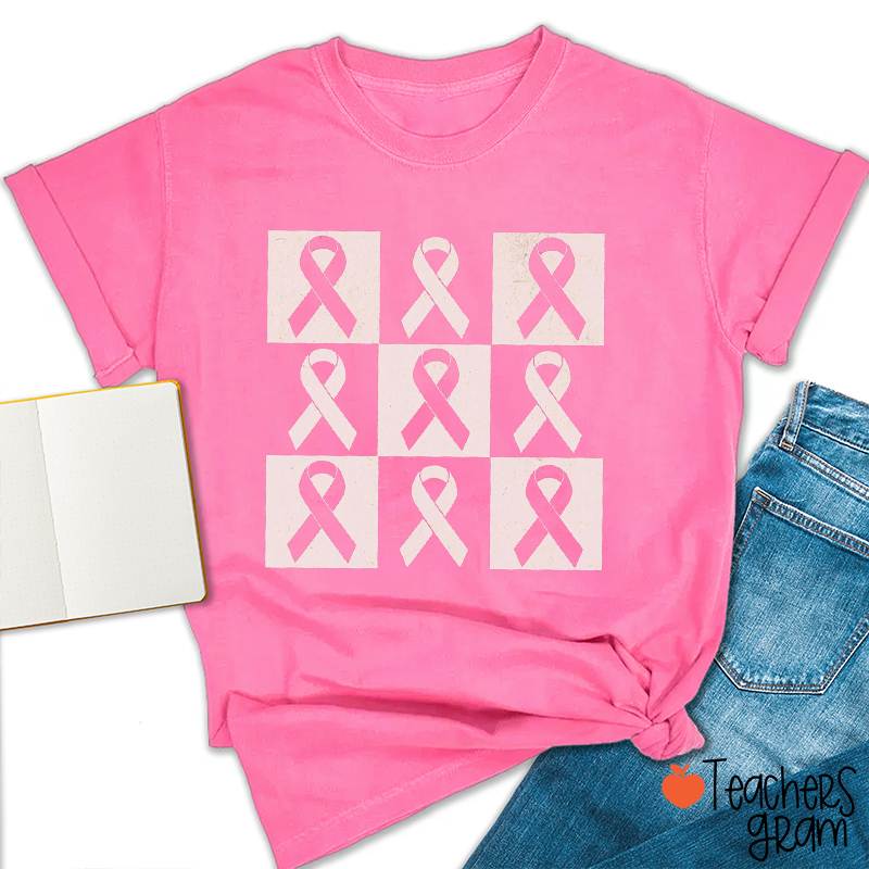 Pink Ribbon Breast Cancer Awareness Teacher T-Shirt