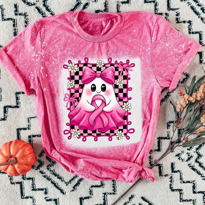 Preppy Pink Ghost Breast Cancer Awareness Teacher Printed T-Shirt