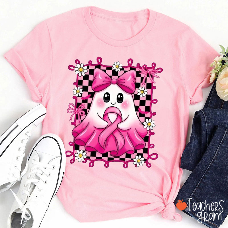Preppy Pink Ghost Breast Cancer Awareness Teacher T-Shirt