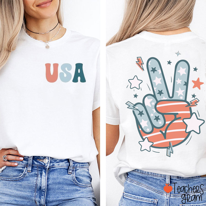 Retro 4th Of July Teacher Two Sided T-Shirt