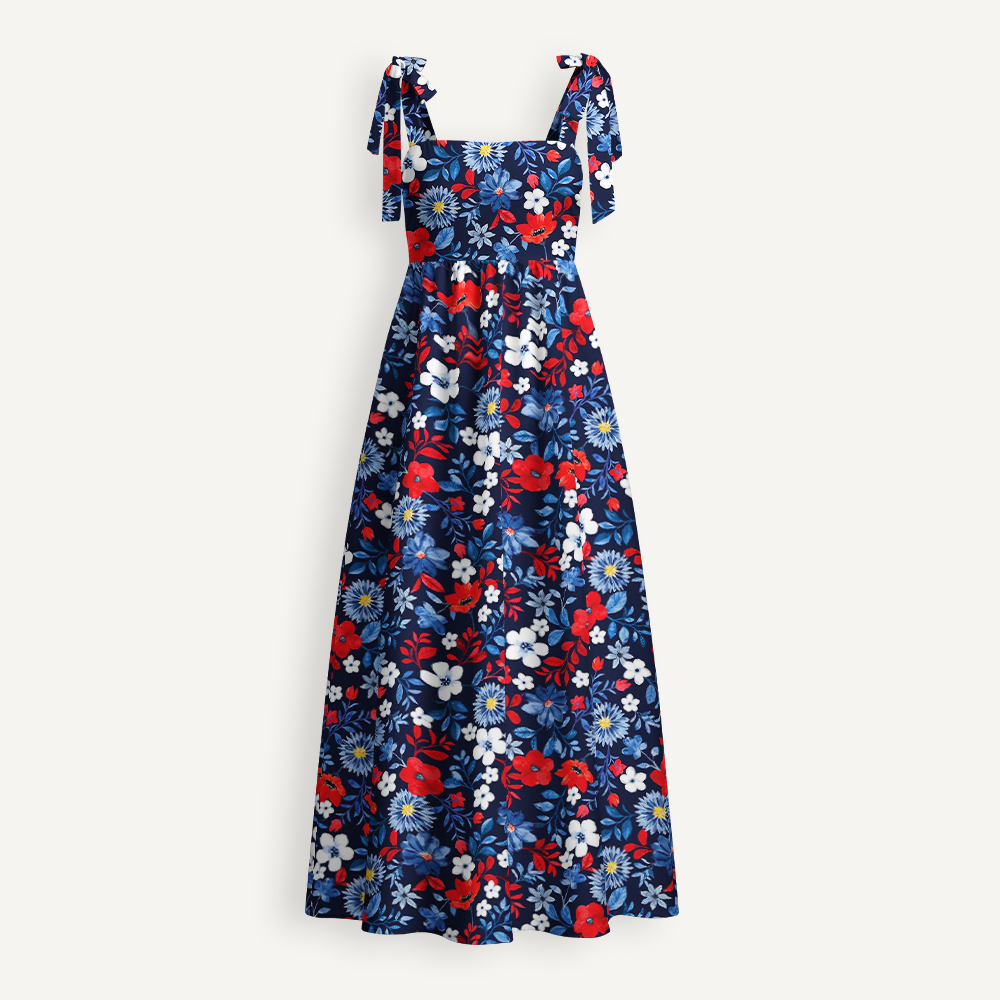 Retro Red White Blue Floral Teacher Tie Shoulder Dress