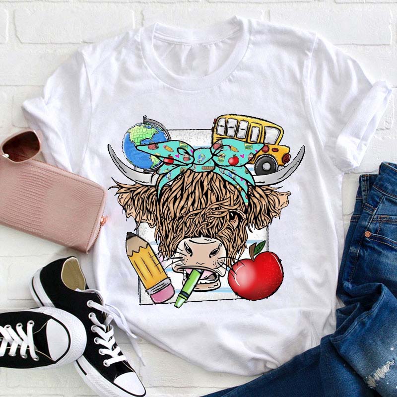 School Bus Pencil Apple Cow Teacher T-Shirt