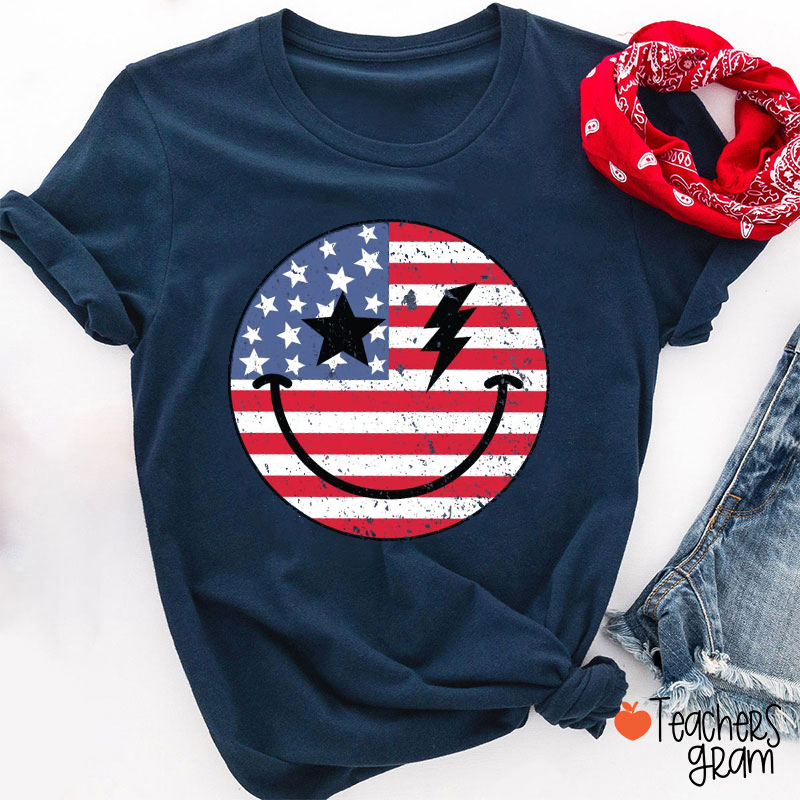 Smiley American Flag Teacher T-Shirt