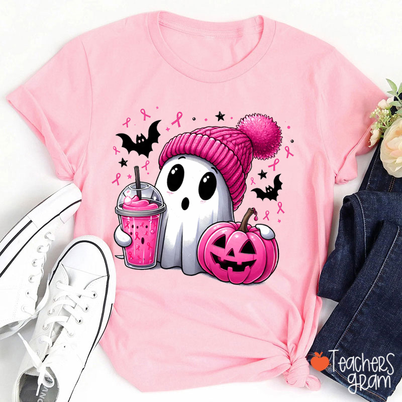 Spooky Ghost Breast Cancer Teacher T-Shirt