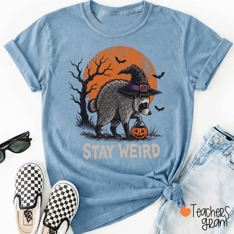 Stay Weird Halloween Raccoon Witch Hat Pumpkin Teacher T-Shirt