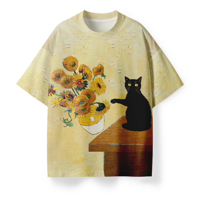 Sunflowers Cute Cat Art Teacher Eco Oversized Graphic T-Shirt