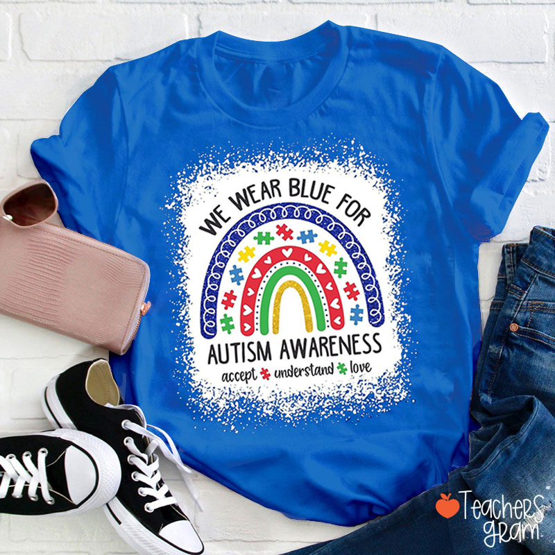 We Wear Blue For Autism Awareness Bow Puzzle Teacher T-Shirt