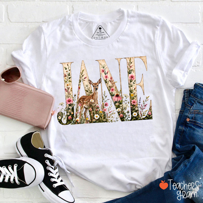 Personalized Name Floral Fawn Teacher T-Shirt