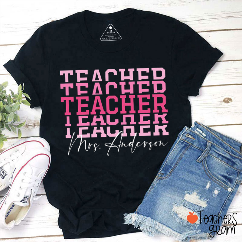 Personalized Pink Gradient Letters Teacher Name Teacher T-Shirt