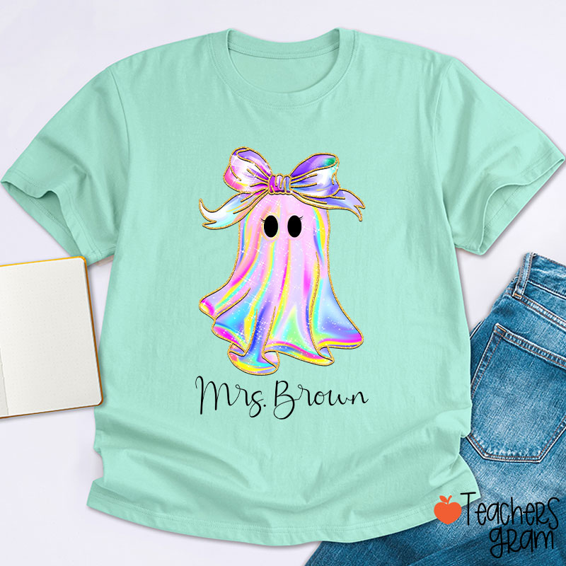 Personalized Name Colorful Neon Bow Ghost Teacher T-Shirt