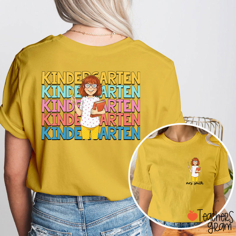 Personalized Grade And Name Cartoon Teacher Reading Teacher Two Sided T-Shirt