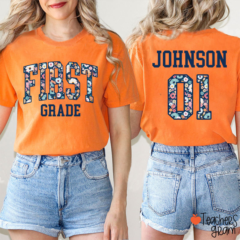Personalized Grade And Name Floral Fonts Teacher Two Sided T-Shirt