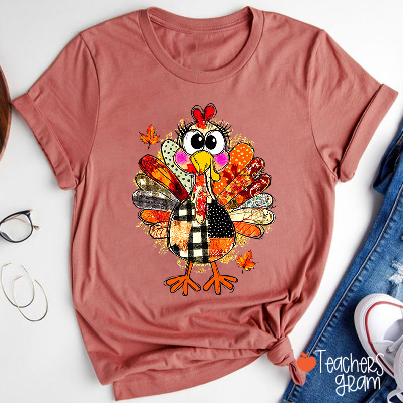 Collage Of Flowers And Thanksgiving Turkey Teacher T-Shirt
