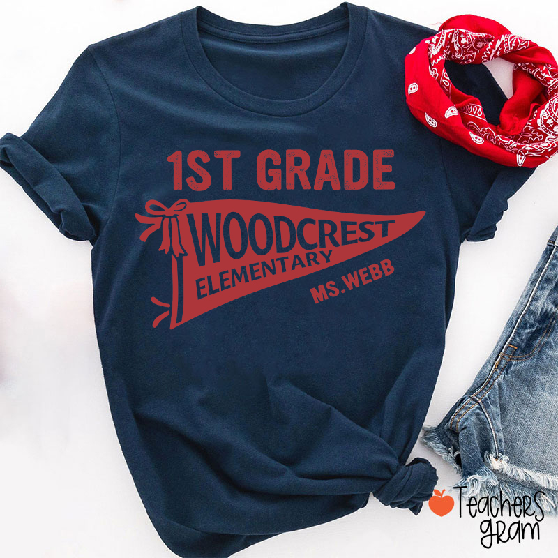 Personalized Grade And School Name Pennant Teacher T-Shirt