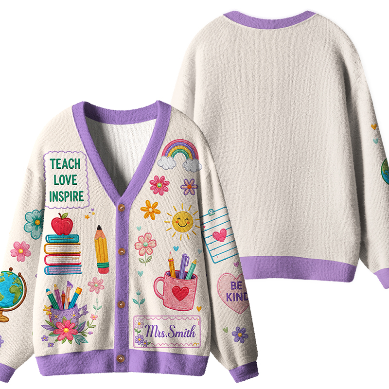 Personalized Name Teach Love Inspire Floral Teacher Ugly Cardigan Sweaters