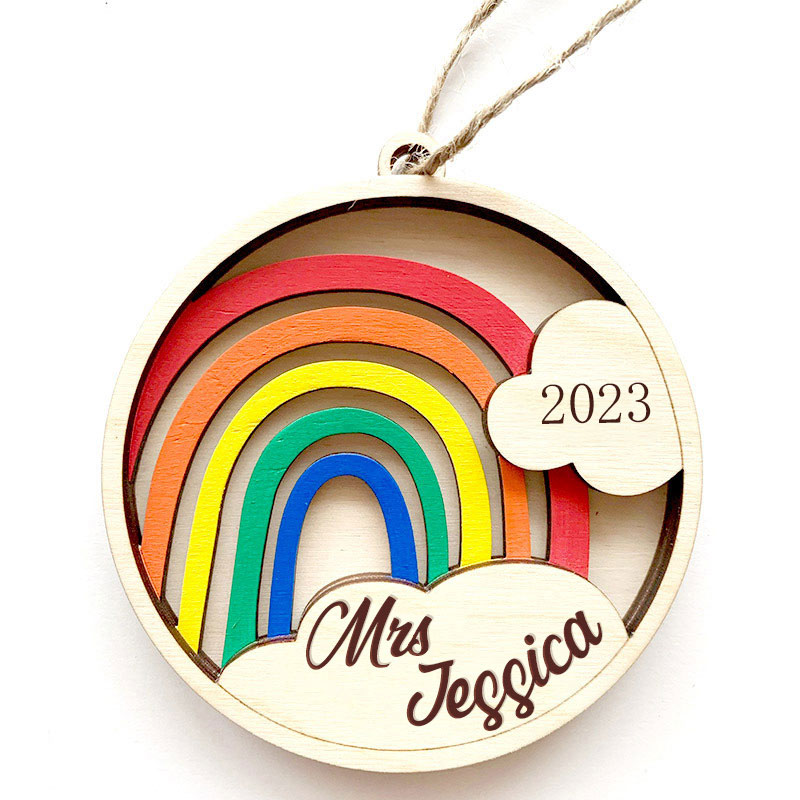Personalized Christmas Rainbow Teacher Wooden Christmas Ornament