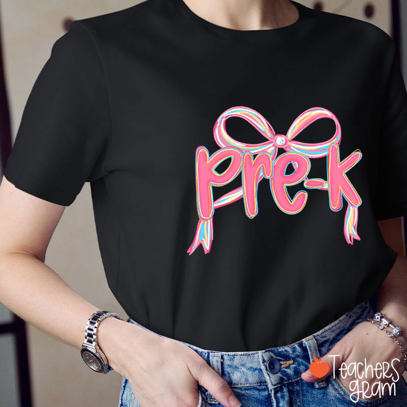 Personalized Grade Pink Bow Teacher T-Shirt