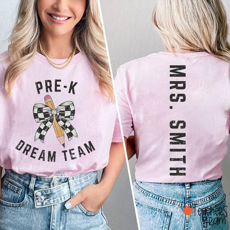 Personalized Grade And Name Checkered Pencil Bow Teacher Two Sided T-Shirt
