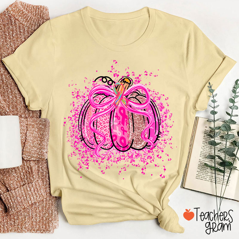 Pumpkin Theme Pink Ribbon Teacher T-Shirt