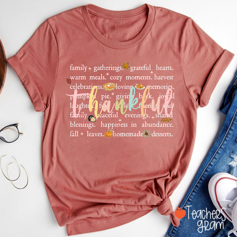 Fall Leaves Cozy And Happiness In Thanksgiving Teacher T-Shirt