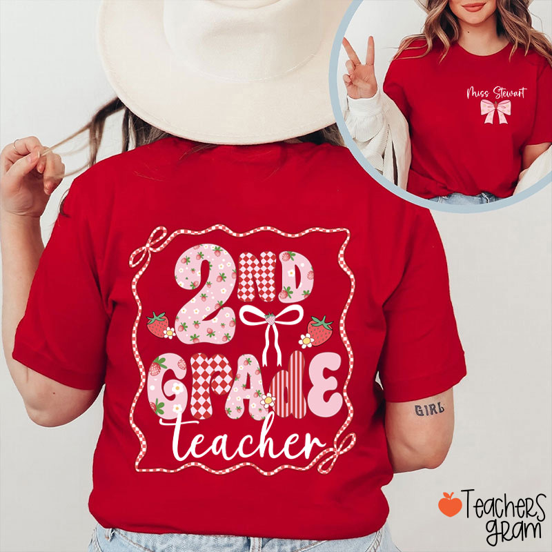 Personalized Name And Grade Strawberry Bow Teacher Two Sided T-Shirt