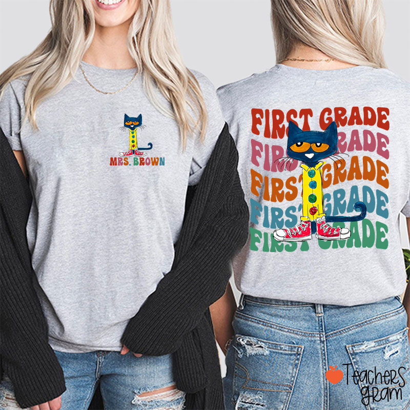 Personalized Name And Grade Cool Blue Cat Teacher Two Sided T-Shirt