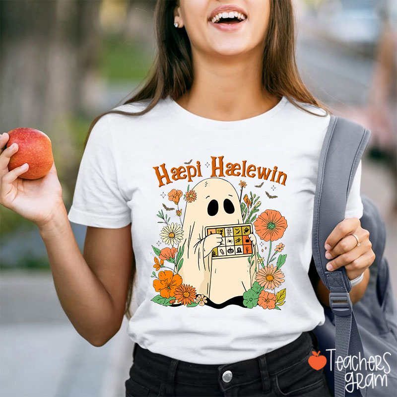 Happy Halloween Ghost With Floral Teacher T-Shirt