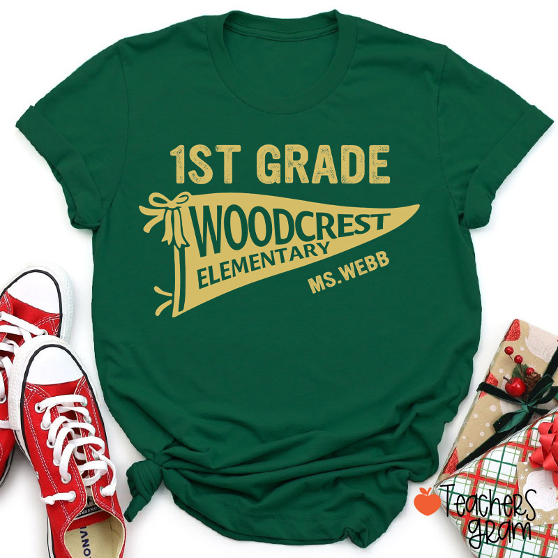 Personalized Grade And School Name Pennant Teacher T-Shirt