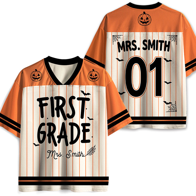 Personalized Name And Grade Stripes Pumpkin Teacher Mesh Jersey