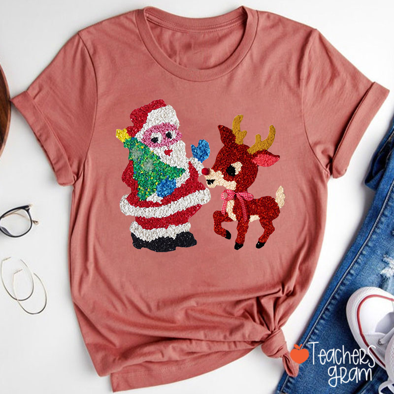 Santa And Rudolph Faux Melted Plastic Teacher T-Shirt
