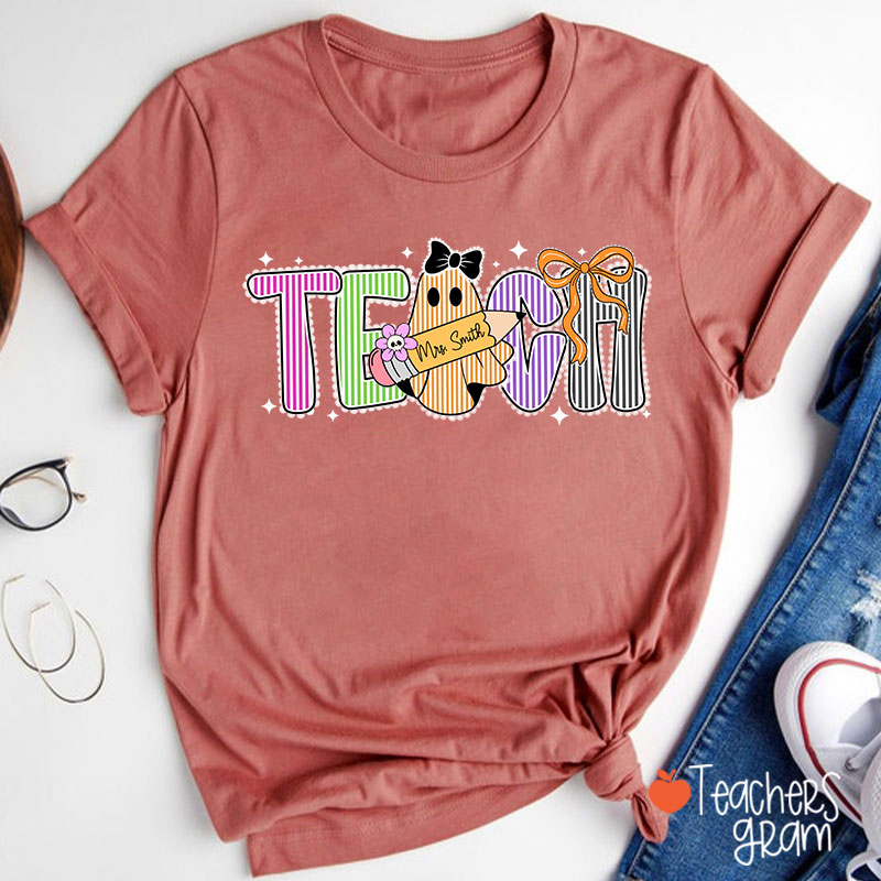 Personalized Name Preppy Teach Boo Ghost Coquette Teacher T-Shirt