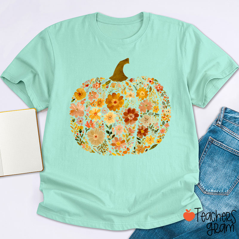 Pumpkin Orange Flowers Grass Teacher T-Shirt